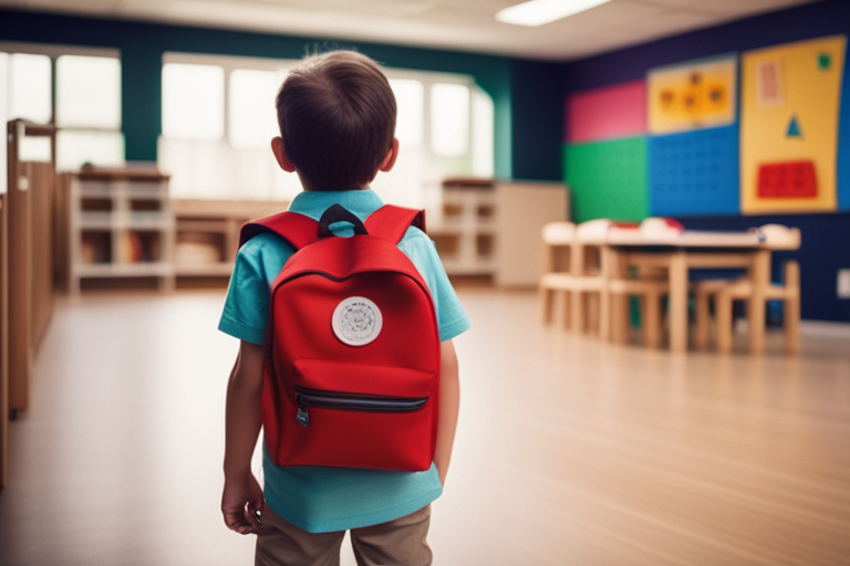 Image of a kindergarten classroom with children wearing backpacks