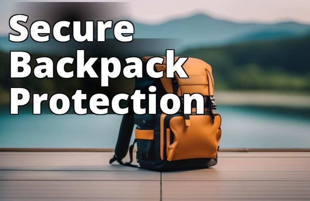 A backpack covered with a sturdy backpack cover and secured with a luggage strap and lock.