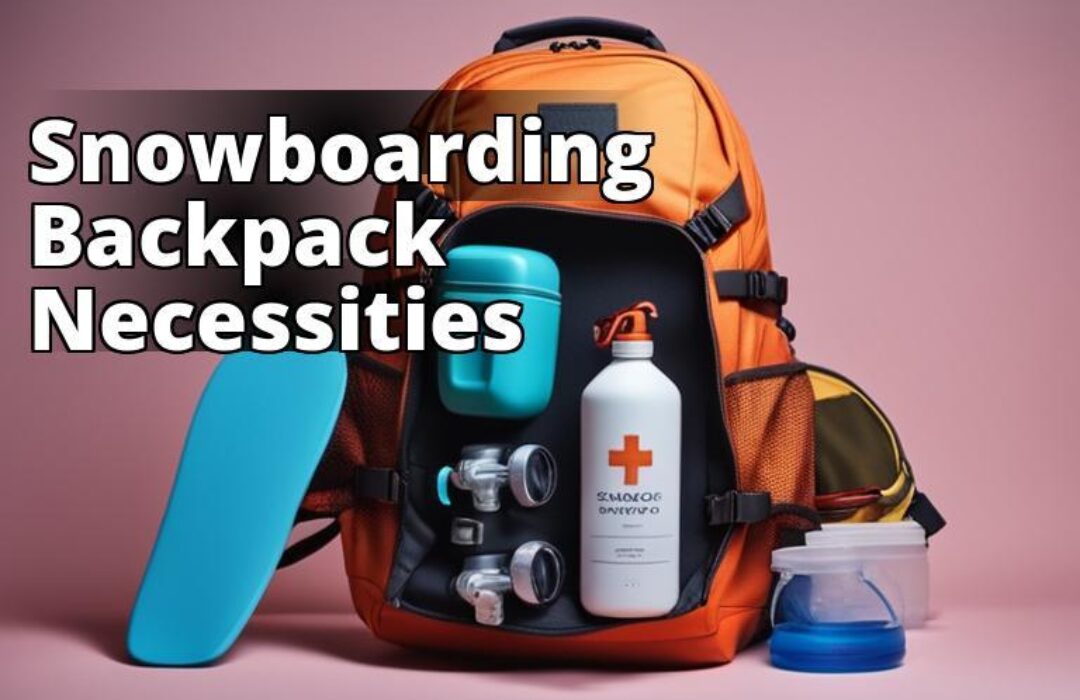 A backpack designed for snowboarding with essential items such as water
