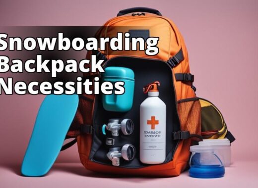 A backpack designed for snowboarding with essential items such as water