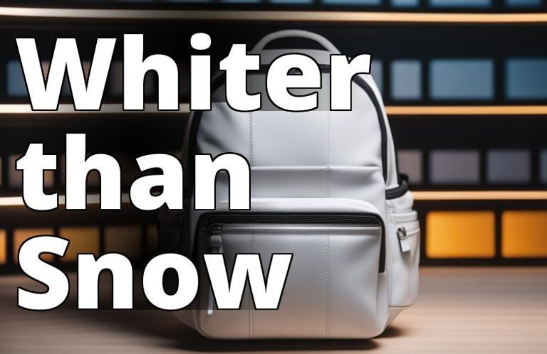 A clean white backpack with zippers and pockets.