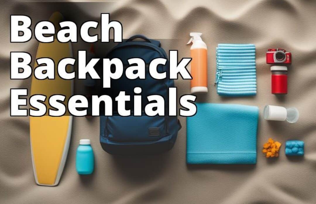 A photo of a neatly organized beach backpack with all the necessary items such as towels