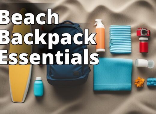 A photo of a neatly organized beach backpack with all the necessary items such as towels